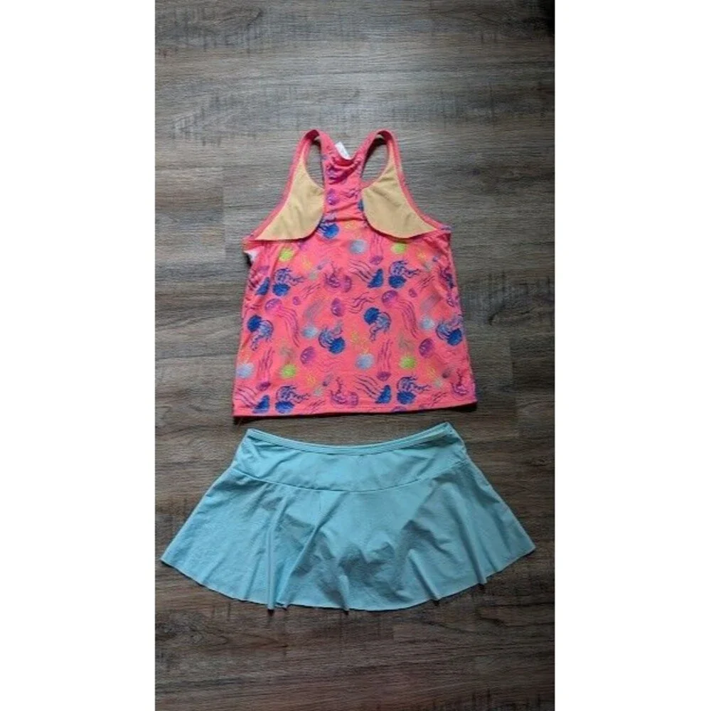 Lands' End Tankini Girls Size 14+ Jellyfish Print Top Solid Blue Skort Bottoms